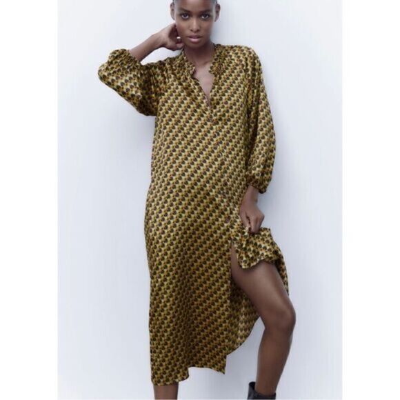Zara Geometric Printed Satin Effect Flowy Midi Dress - Picture 5 of 6